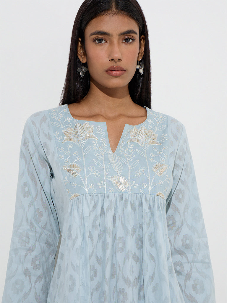 Utsa Blue Floral Embroidered A-Line Cotton-Blend Kurta