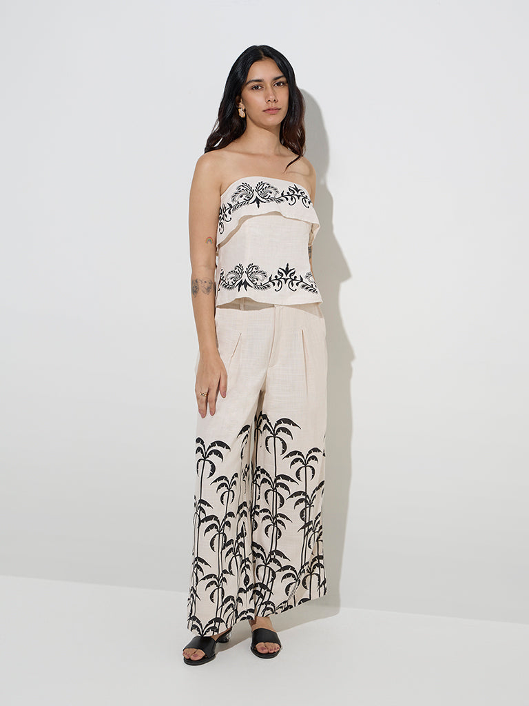 LOV Off-White Botanical Design Off-Shoulder Top