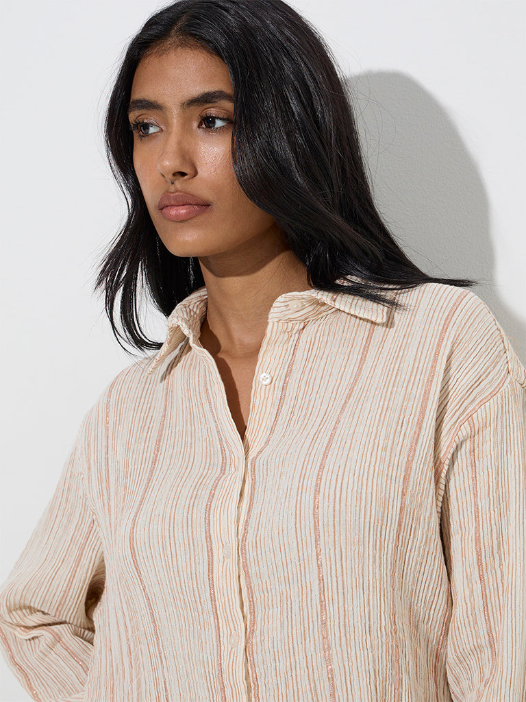 westisde LOV Women's Beige Stripe Printed Cotton-Blend Shirt for Casual Wear Zoom View