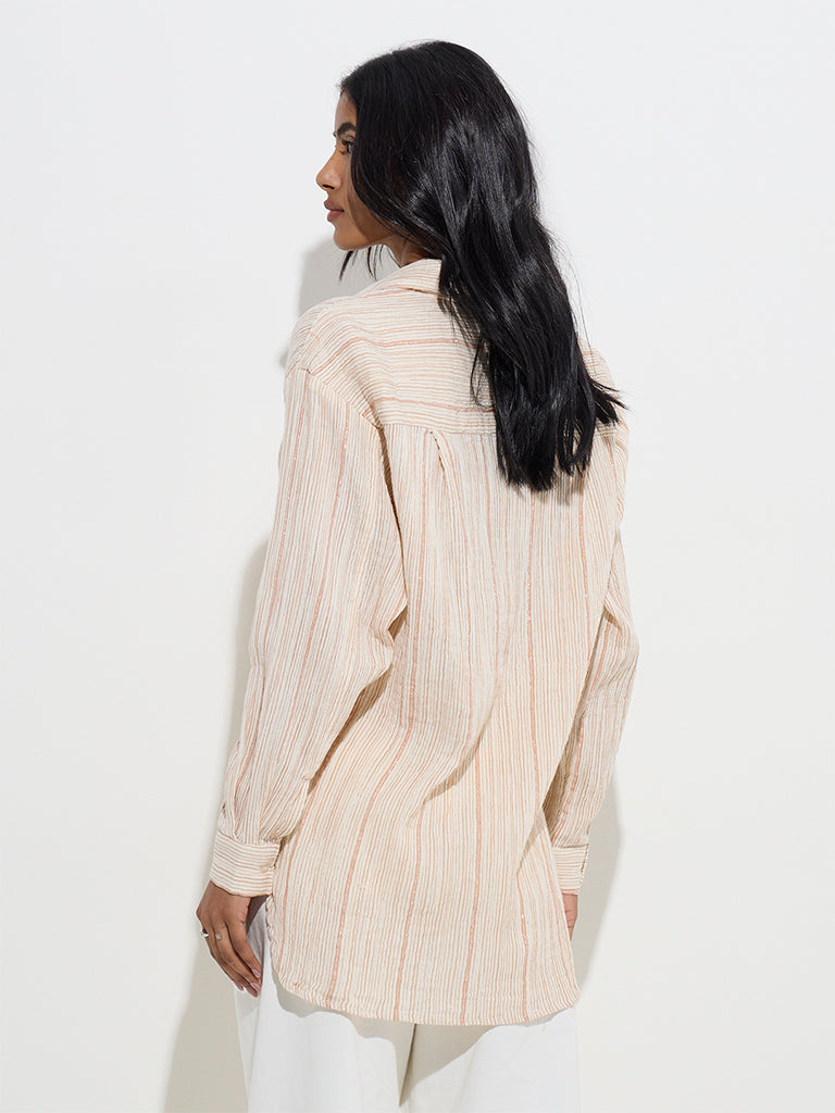 westisde LOV Women's Beige Stripe Printed Cotton-Blend Shirt for Casual Wear Back View