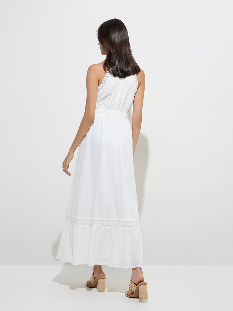 LOV White Self-Checkered Cotton A-Line Dress with Belt