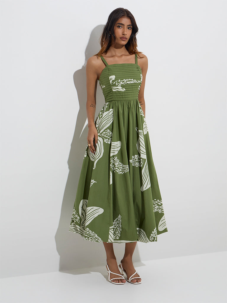 LOV Green Botanical Design Cotton A-Line Dress