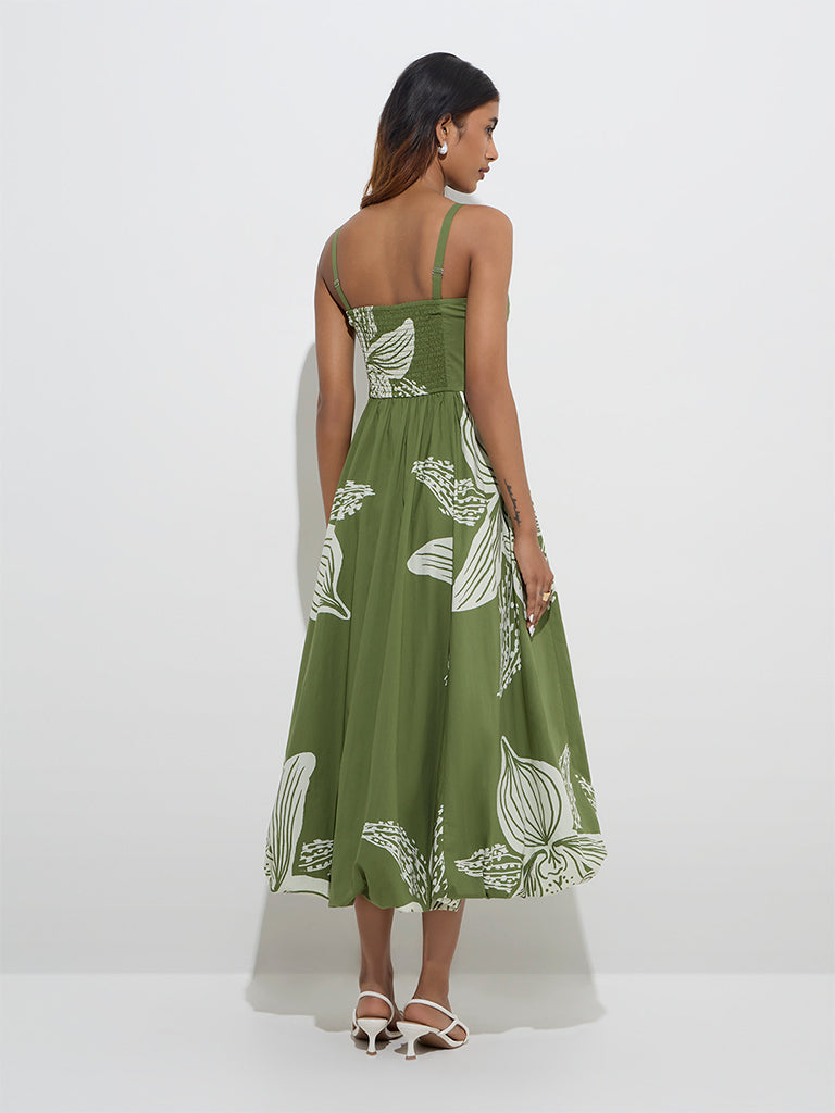 LOV Green Botanical Design Cotton A-Line Dress