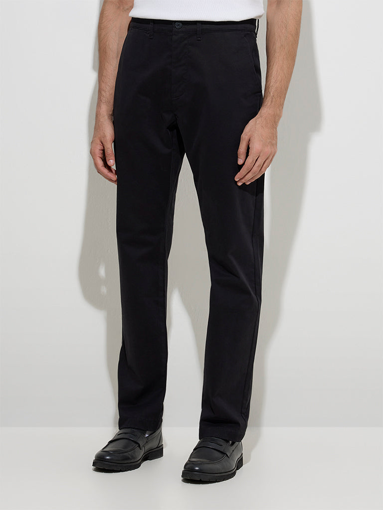 Ascot Black Relaxed-Fit Mid-Rise Cotton-Blend Chinos