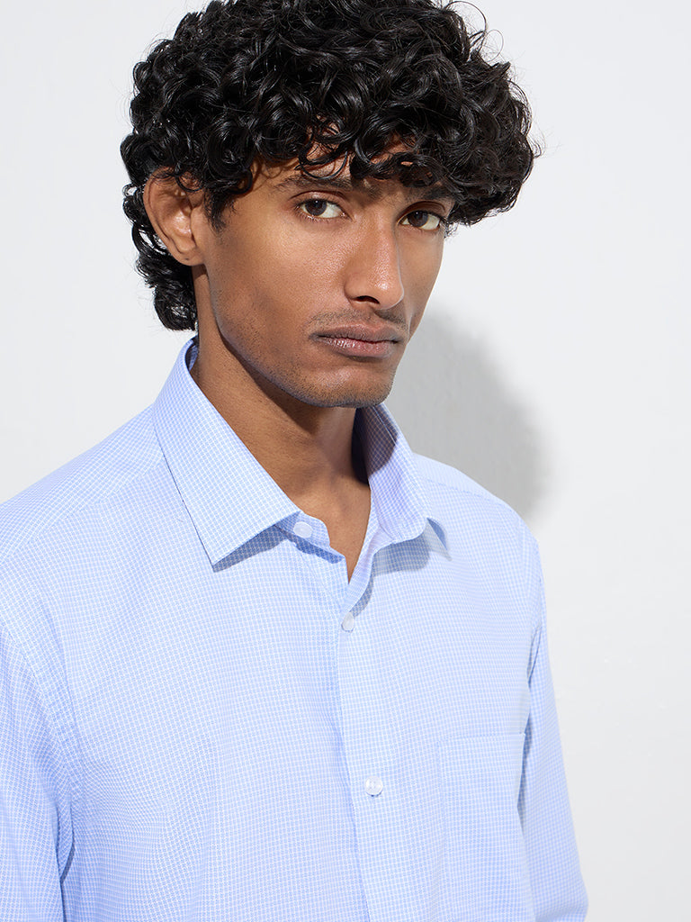 WES Formals Blue Houndstooth Relaxed-Fit Cotton Shirt