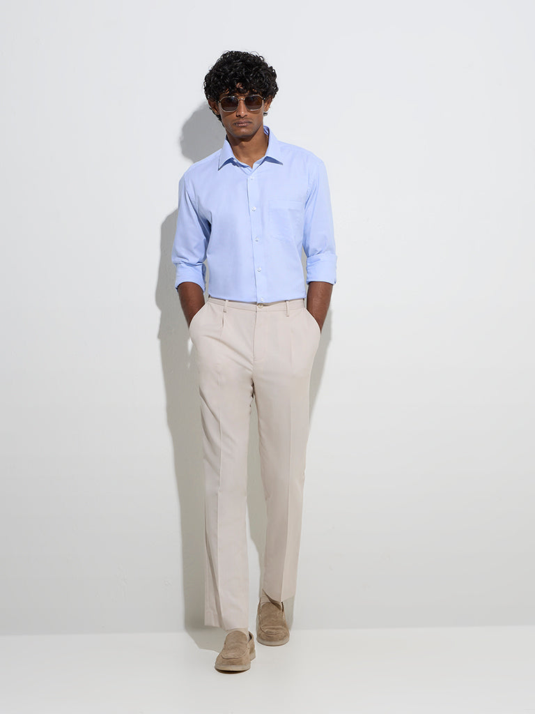 WES Formals Blue Houndstooth Relaxed-Fit Cotton Shirt