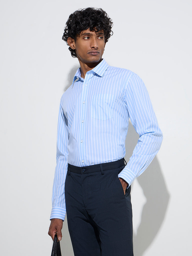WES Formals Blue Striped Slim-Fit Cotton Shirt
