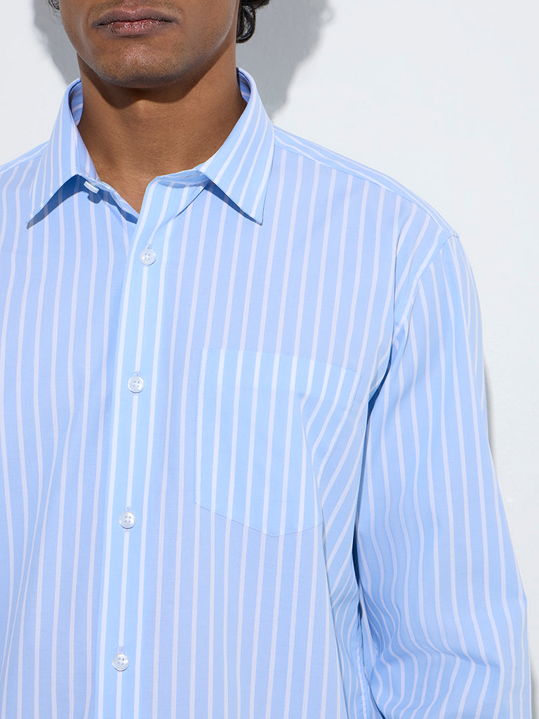 WES Formals Blue Striped Slim-Fit Cotton Shirt