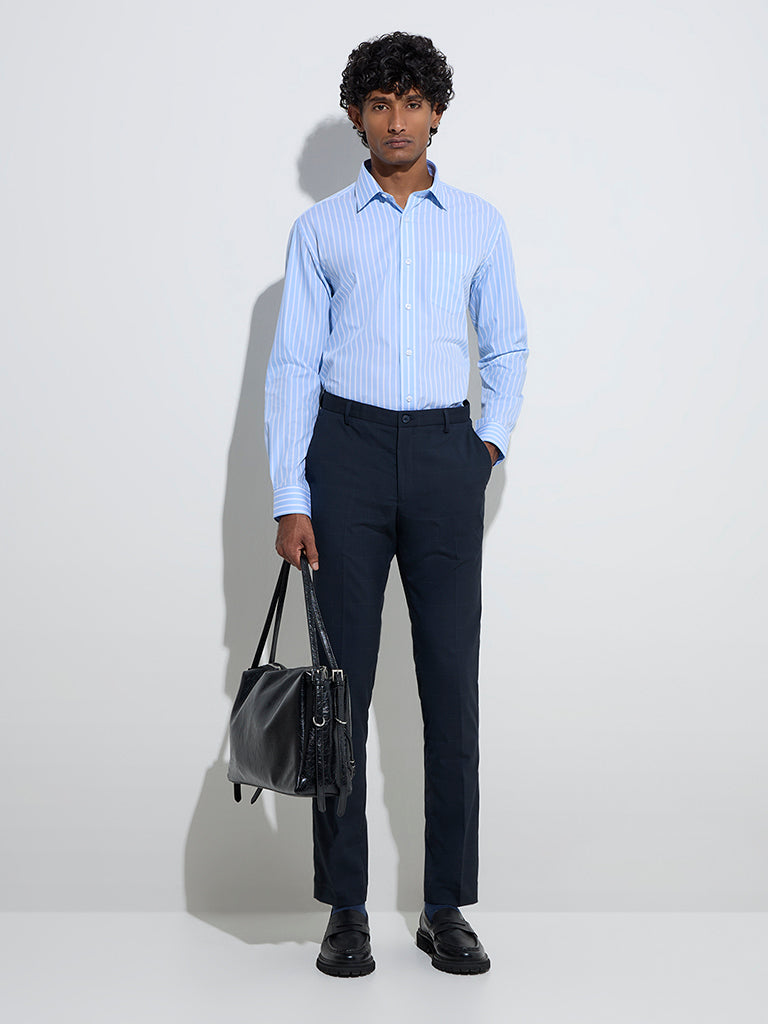 WES Formals Blue Striped Slim-Fit Cotton Shirt