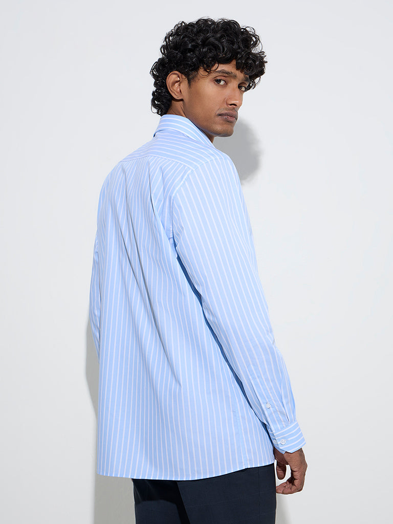WES Formals Blue Striped Slim-Fit Cotton Shirt