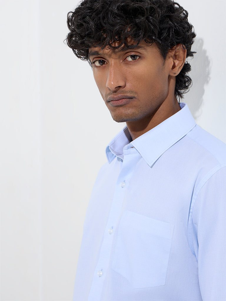 WES Formals Blue Solid Slim-Fit Cotton Shirt