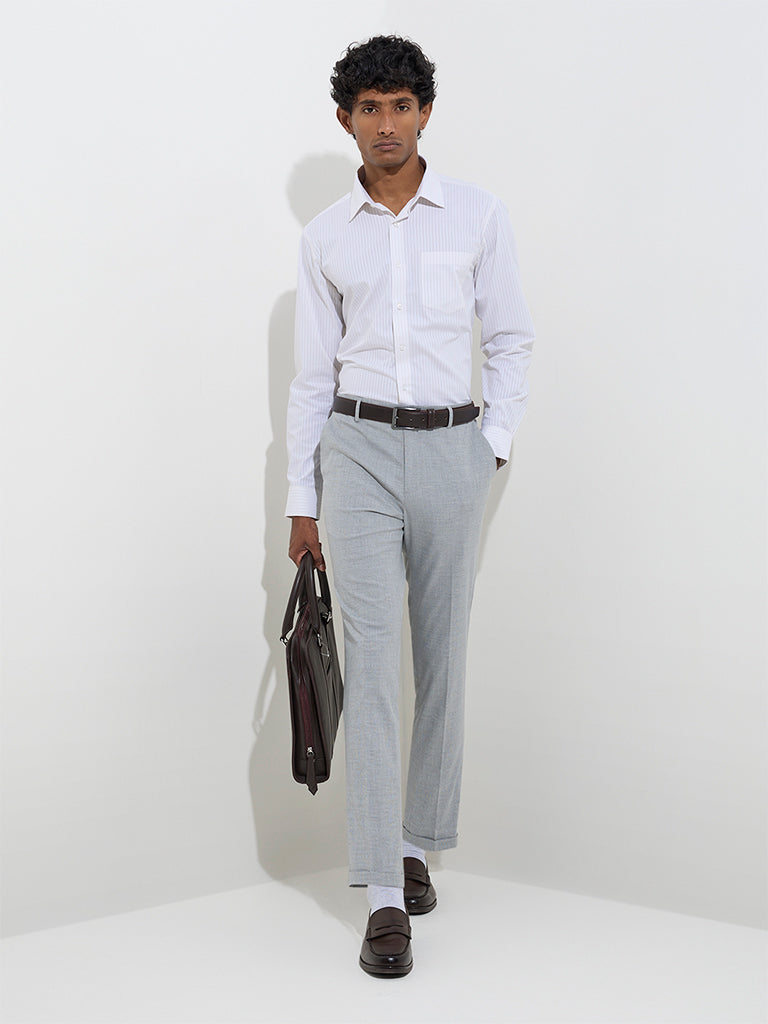 WES Formals Light Beige Striped Slim-Fit Cotton Shirt