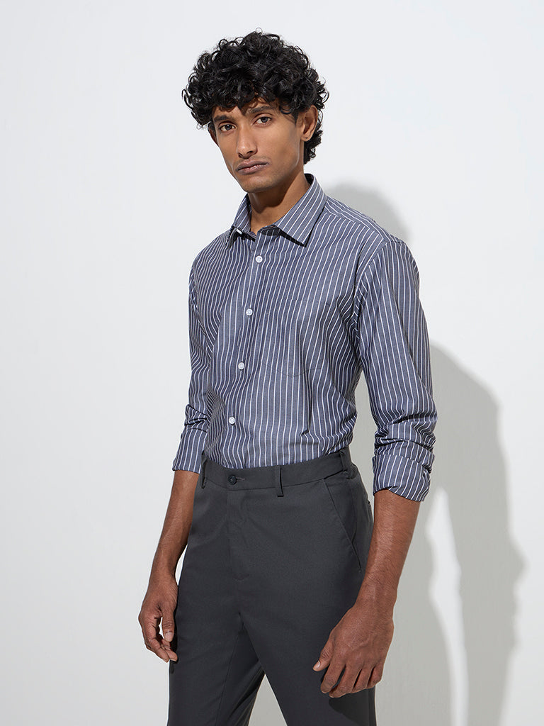 WES Formals Charcoal Striped Slim-Fit Cotton Shirt