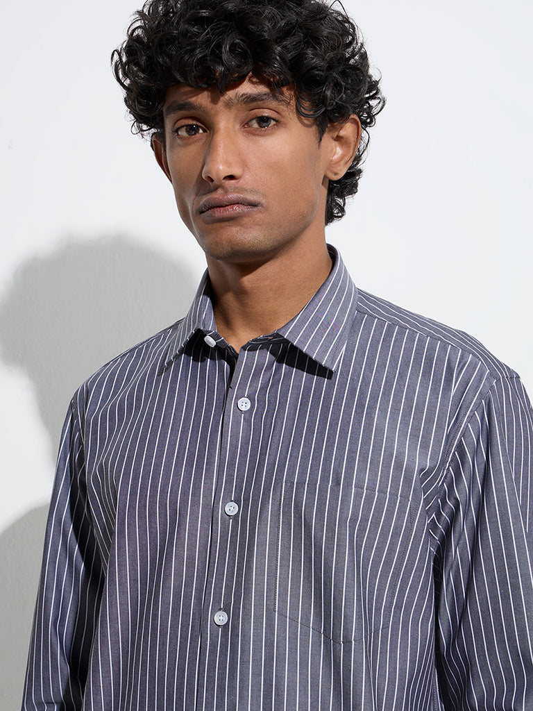 WES Formals Charcoal Striped Slim-Fit Cotton Shirt