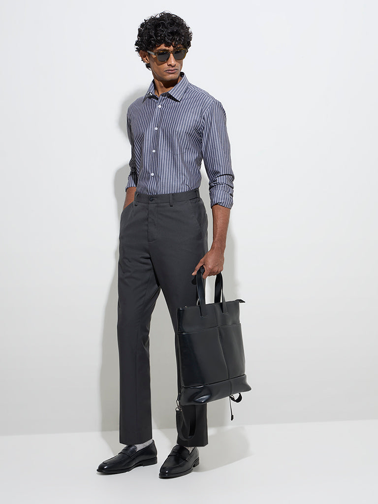 WES Formals Charcoal Striped Slim-Fit Cotton Shirt