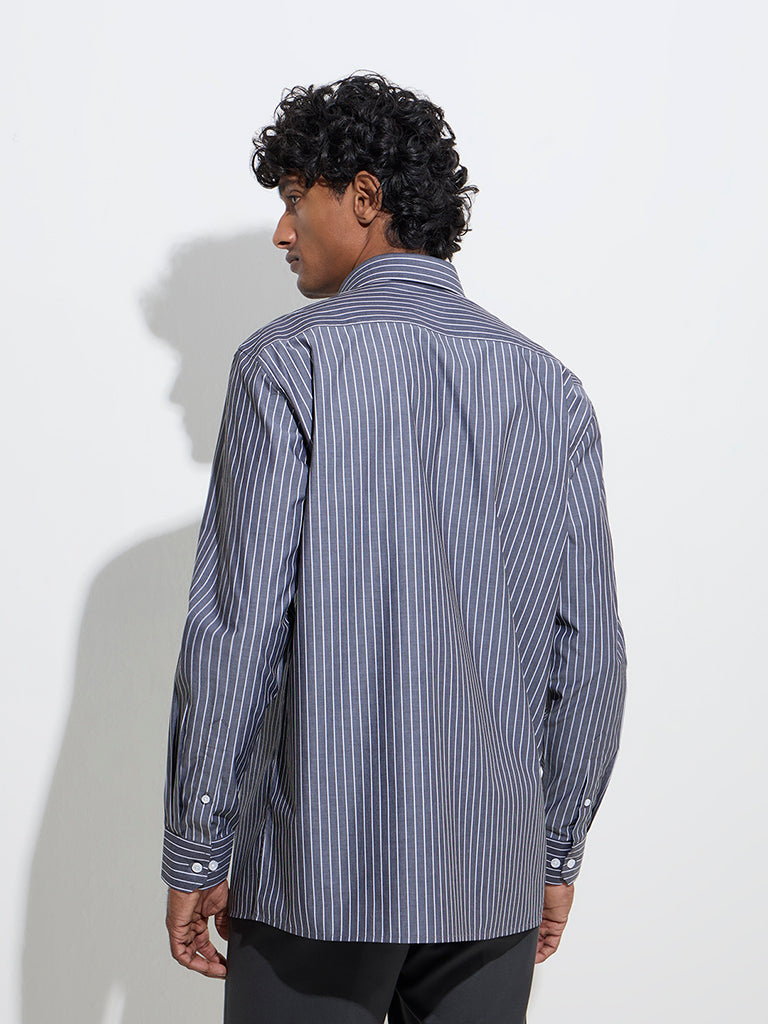 WES Formals Charcoal Striped Slim-Fit Cotton Shirt