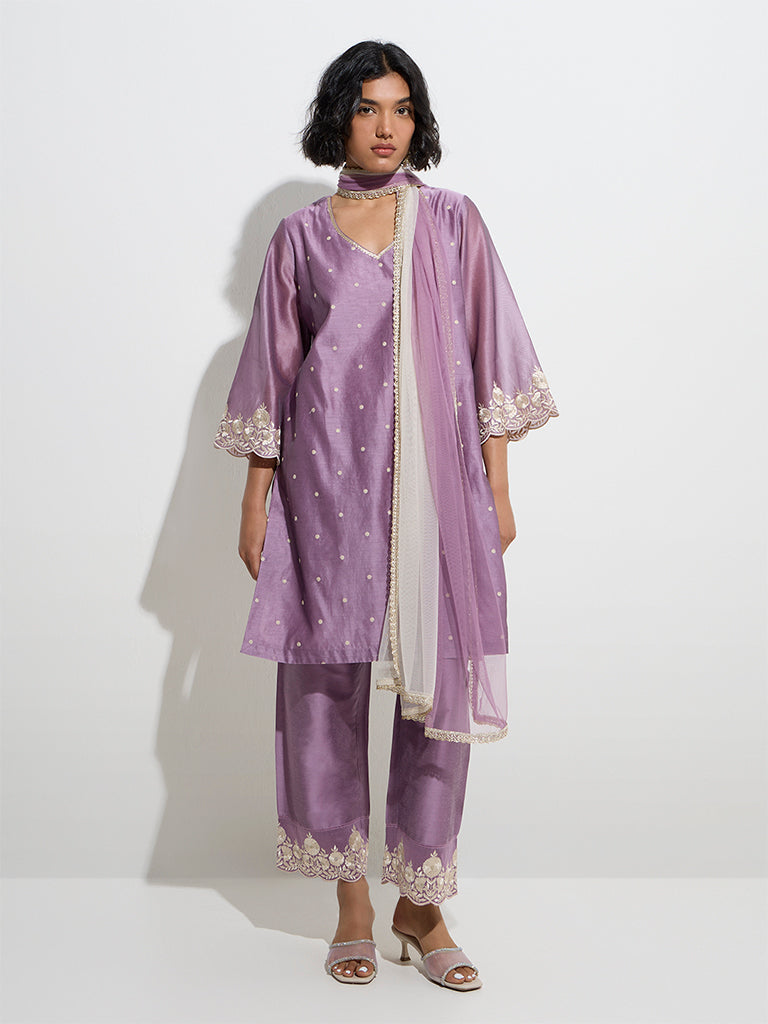 Vark Dark Mauve Floral A-Line Kurti, Pants and Dupatta Set