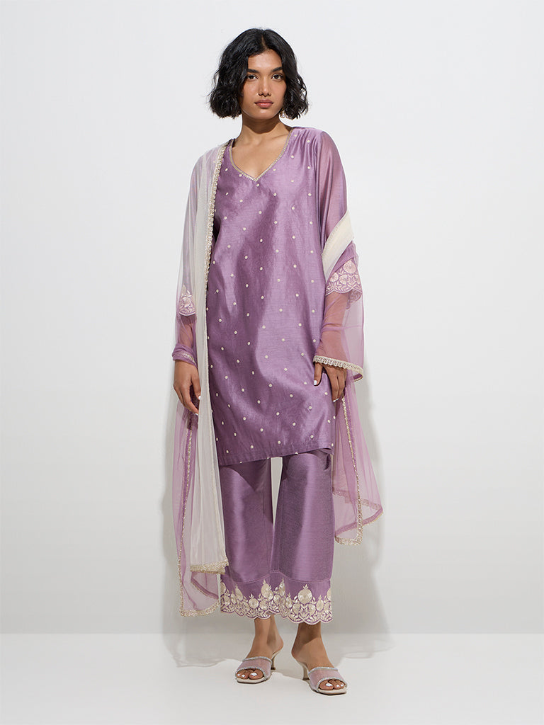 Vark Dark Mauve Floral A-Line Kurti, Pants and Dupatta Set