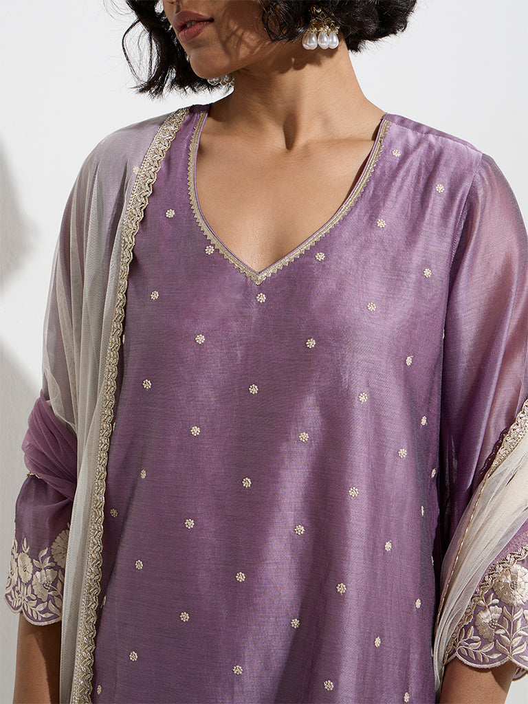 Vark Dark Mauve Floral A-Line Kurti, Pants and Dupatta Set