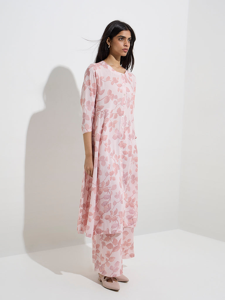 Zuba Pink Leaf Design A-Line Kurta