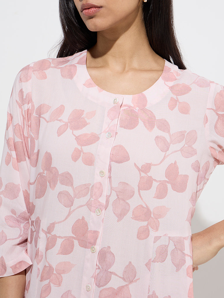 Zuba Pink Leaf Design A-Line Kurta