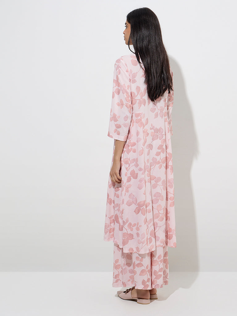 Zuba Pink Leaf Design A-Line Kurta