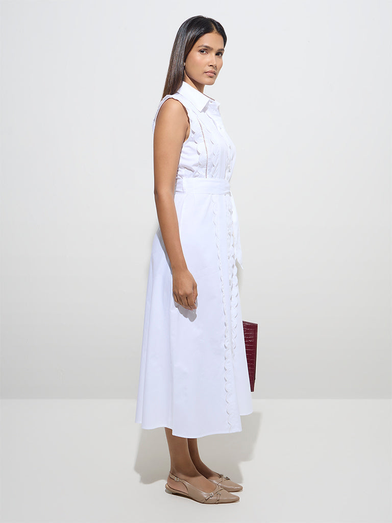 Wardrobe White Scallop-Detail Cotton A-Line Dress with Belt