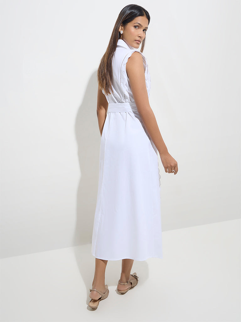 Wardrobe White Scallop-Detail Cotton A-Line Dress with Belt