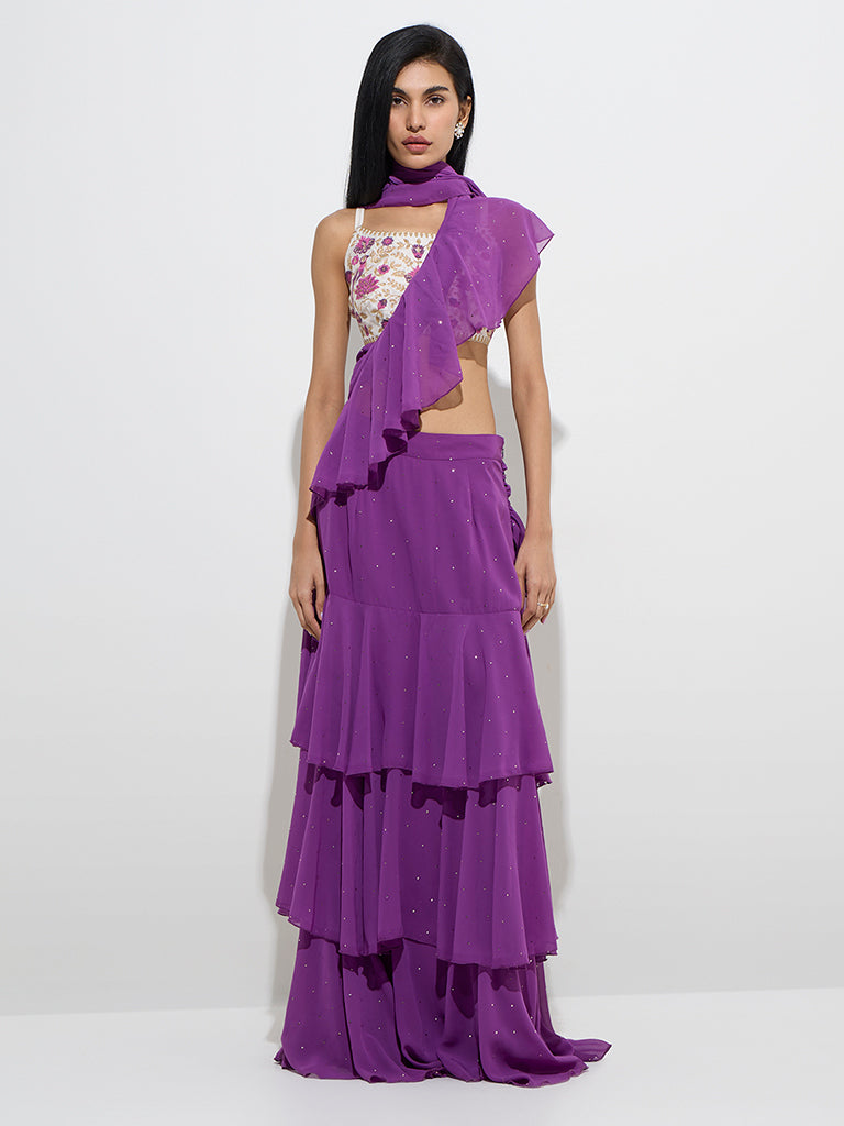 Vark Plum Sequins Embellished Ready-To-Wear Saree