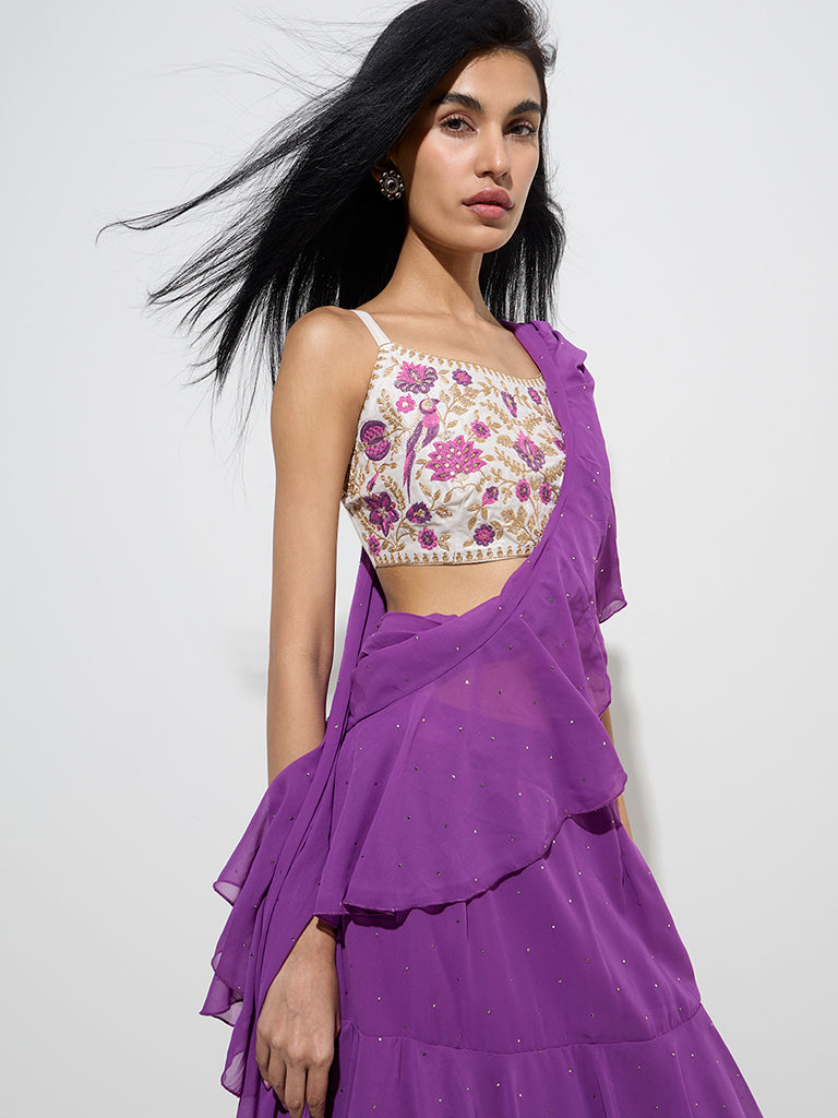 Vark Plum Sequins Embellished Ready-To-Wear Saree