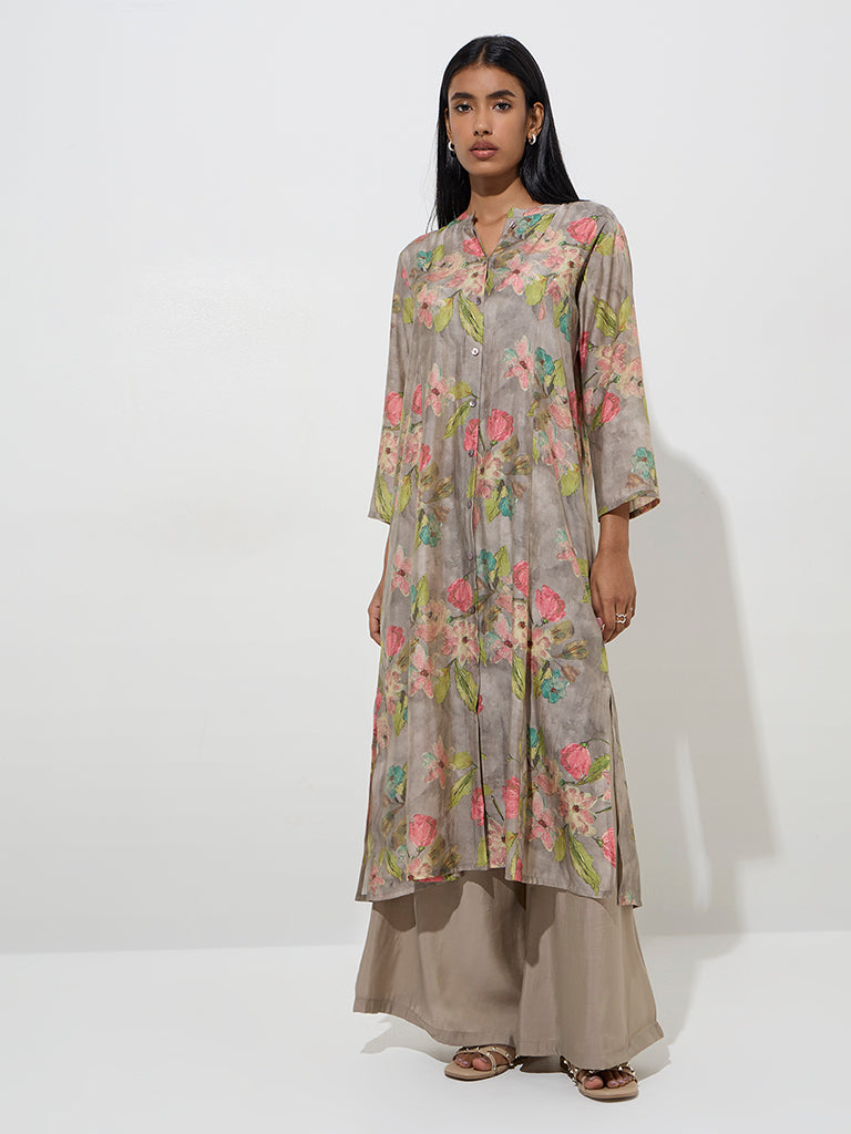 Utsa Taupe Floral Design A-Line Kurta