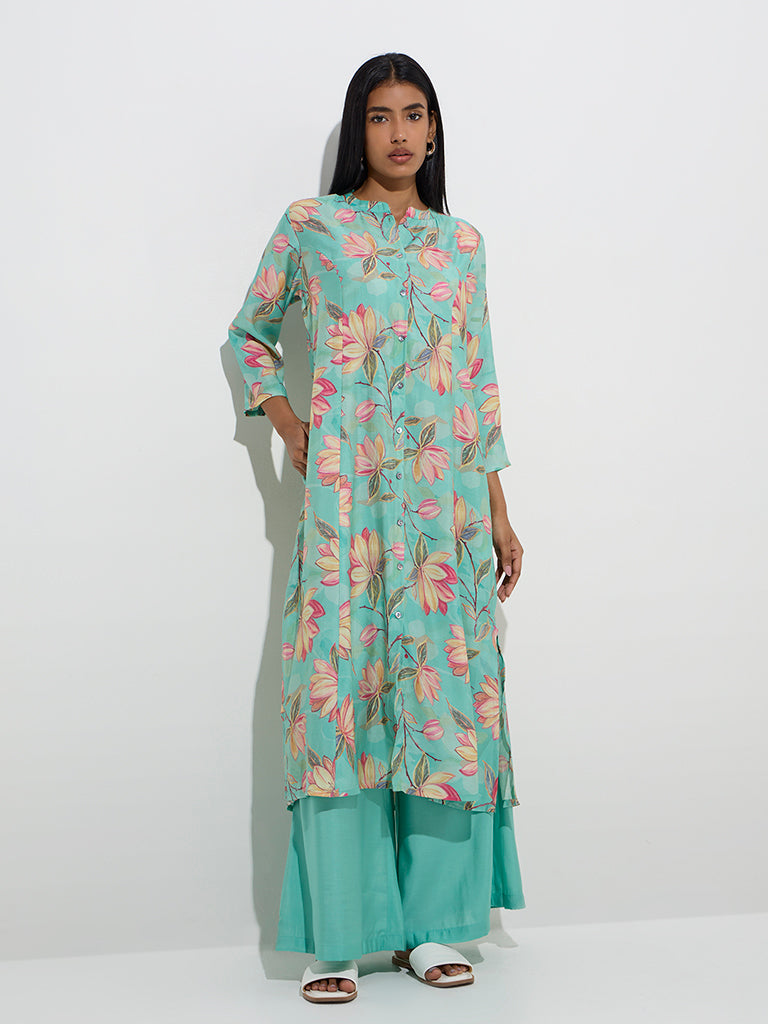 Utsa Aqua Floral Pattern A-Line Kurta