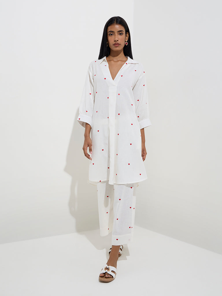 Utsa White Heart Design High-Low Cotton-Blend Kurta