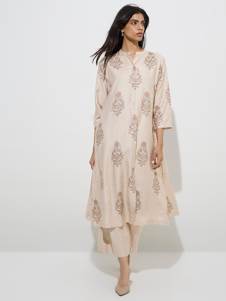 Zuba Beige Floral Design A-Line Kurta