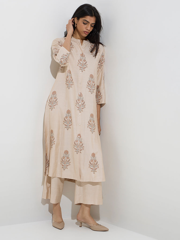 Zuba Beige Floral Design A-Line Kurta