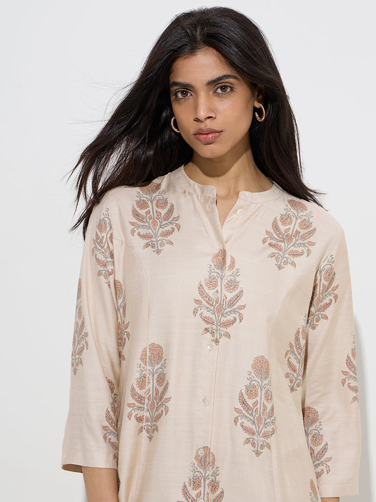 Zuba Beige Floral Design A-Line Kurta