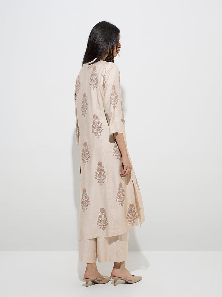 Zuba Beige Floral Design A-Line Kurta
