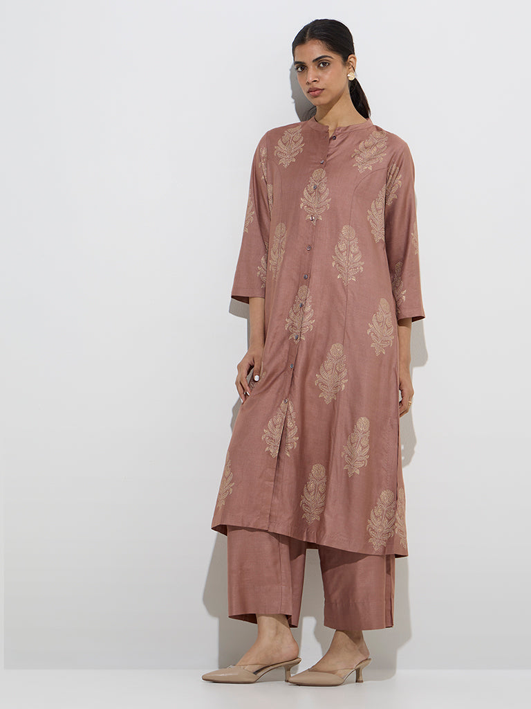 Zuba Dusty Pink Floral Design A-Line Kurta