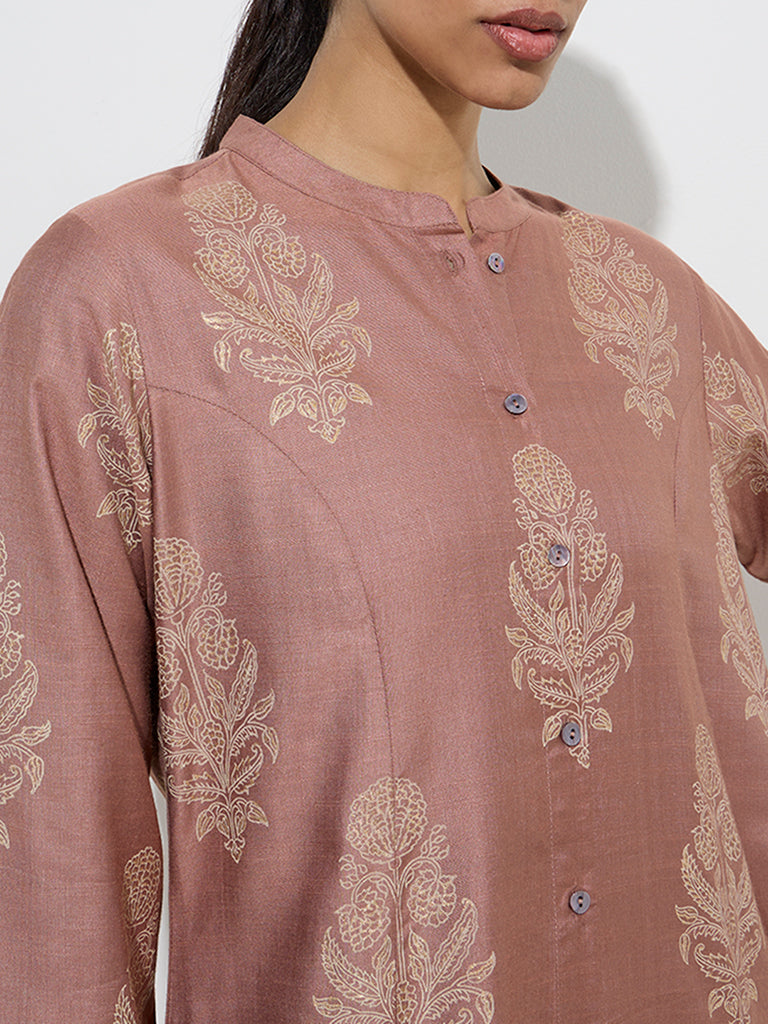 Zuba Dusty Pink Floral Design A-Line Kurta
