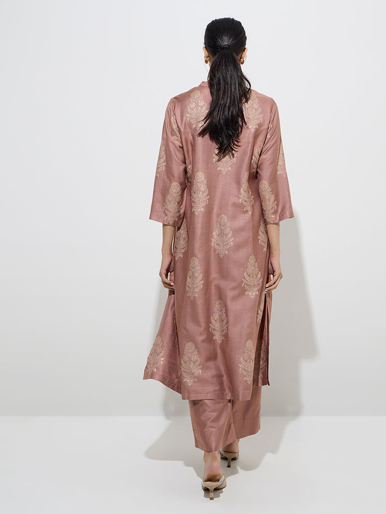 Zuba Dusty Pink Floral Design A-Line Kurta