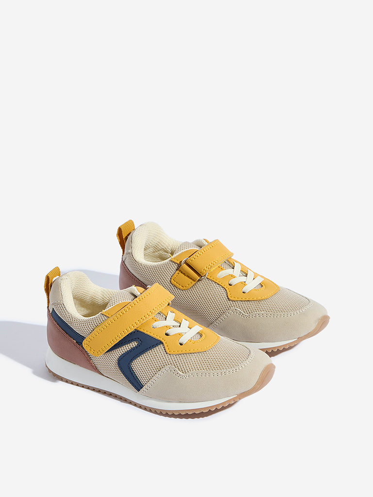 Yellow Beige Knit-Textured Lace-Up Sneakers