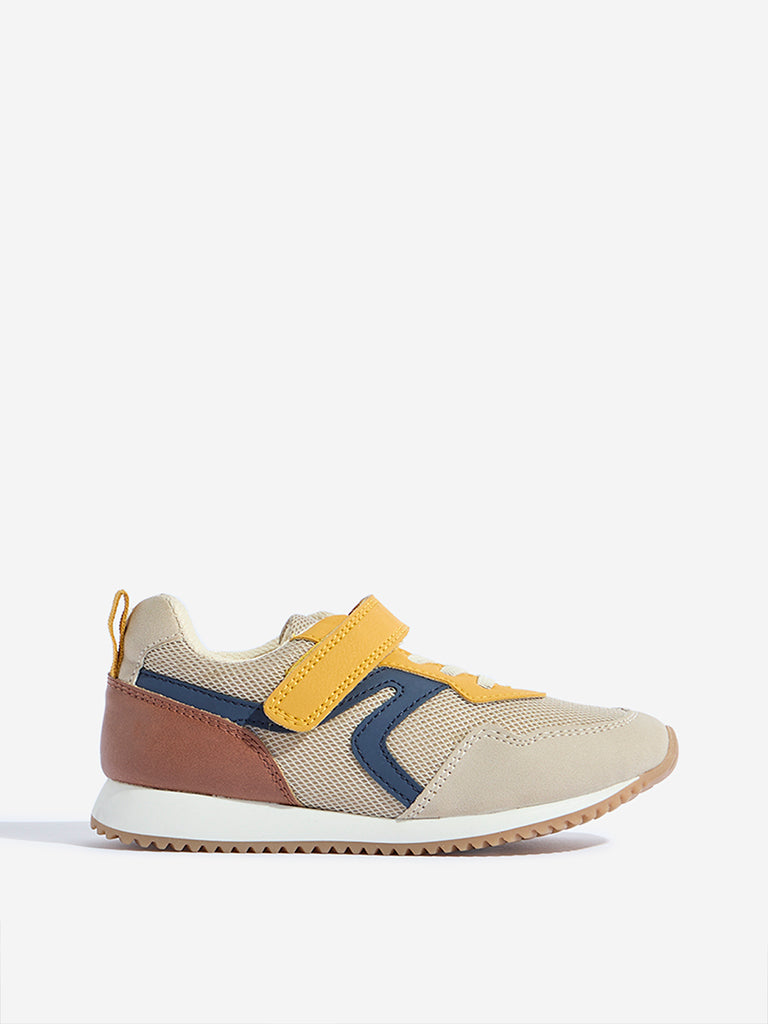 Yellow Beige Knit-Textured Lace-Up Sneakers