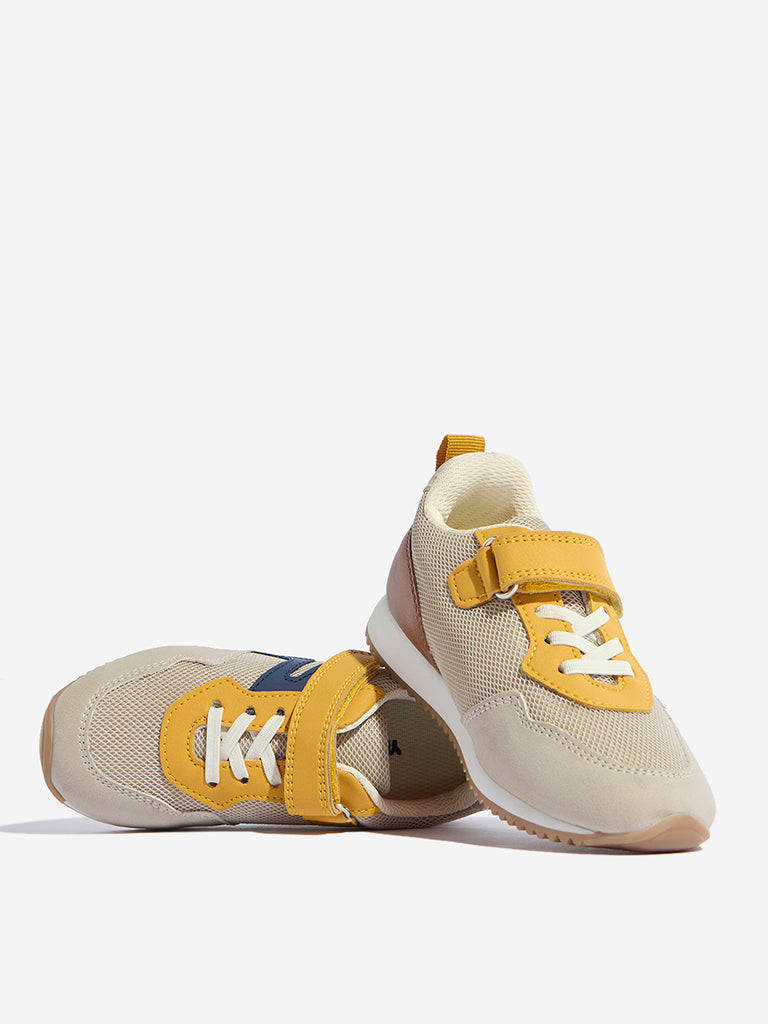 Yellow Beige Knit-Textured Lace-Up Sneakers