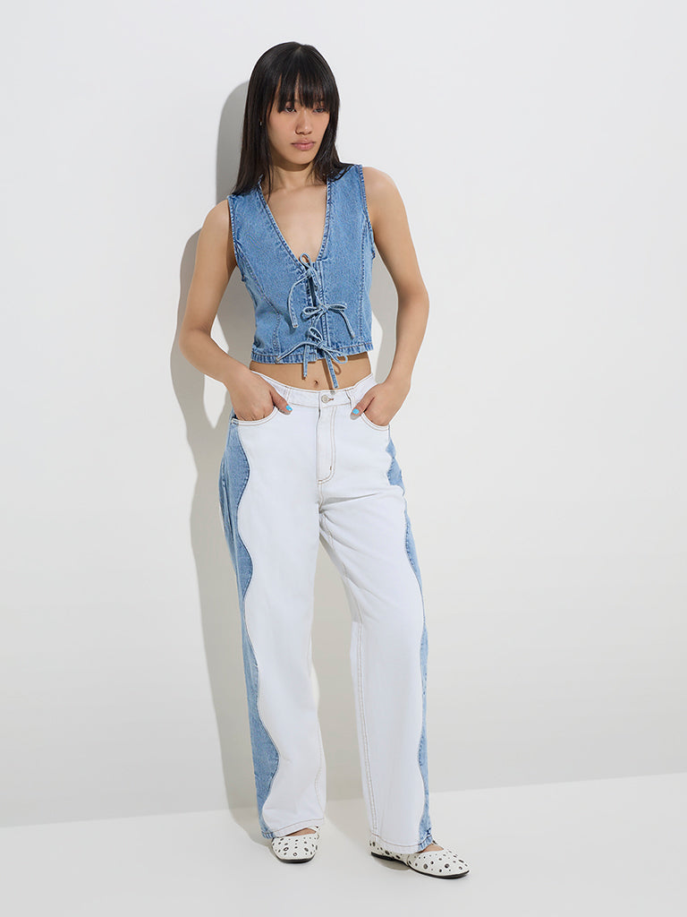 Nuon Blue Bow-Detailed Denim Top