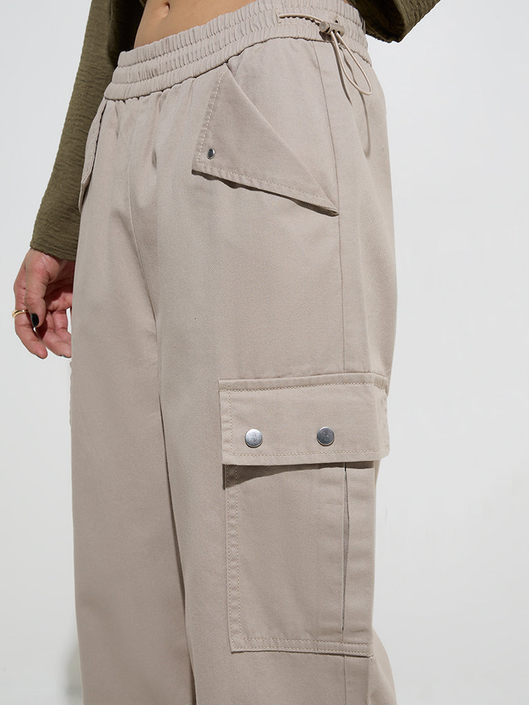 Nuon Beige High-Rise Denim Cargo Pants