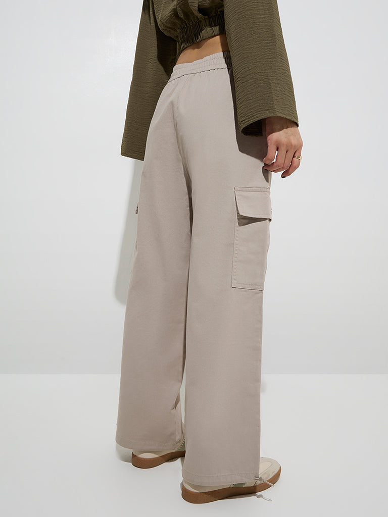 Nuon Beige High-Rise Denim Cargo Pants