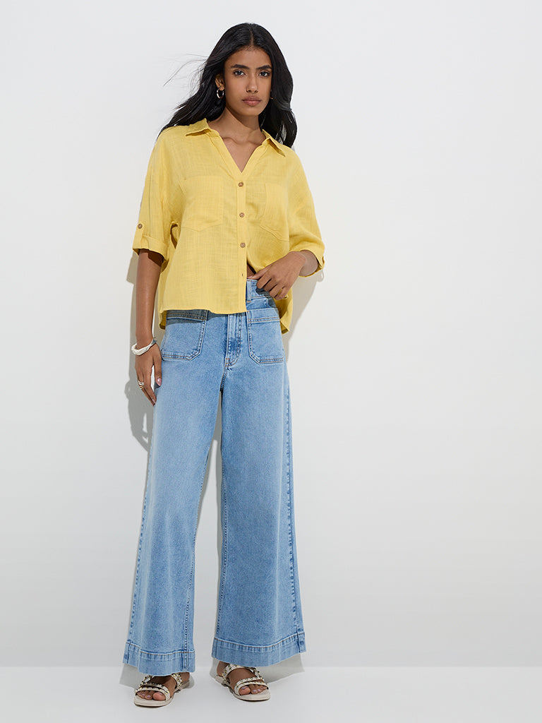 westisde LOV Women's Yellow Solid Shirt for Casual Wear Full Model View