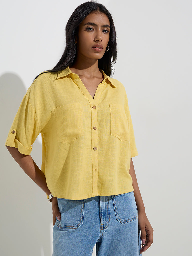 westisde LOV Women's Yellow Solid Shirt for Casual Wear Front View