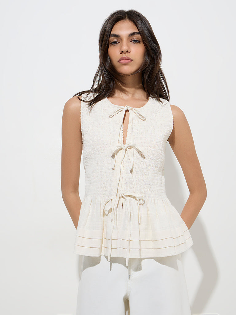 LOV Off-White Smocked Tie-Up Cotton-Blend Top