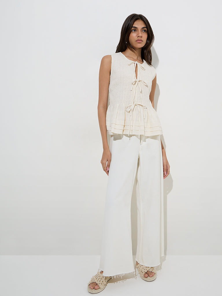 Buy LOV Off-White Smocked Tie-Up Cotton-Blend Top from Westside